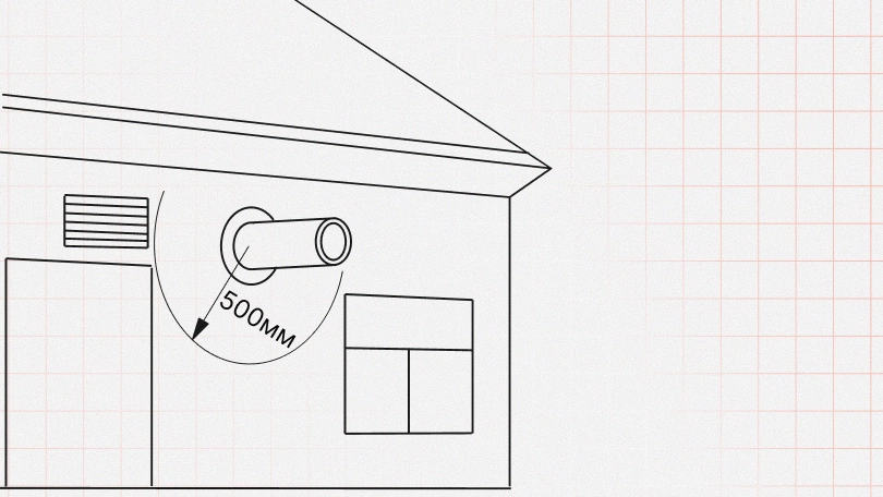 До ближайших окон, дверей или отверстий вентиляции по горизонтали и вертикали выдерживают расстояние не менее 0.5 м