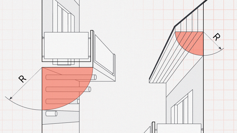 Дымоход может выходить под выступающими элементами здания, чтобы отверстия дымохода располагались за пределами зоны, ограниченной дугой радиуса «R»