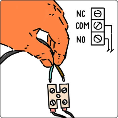 Подключить термостат вместо перемычки, полярность проводов не важна Подключить термостат вместо перемычки, полярность проводов не важна