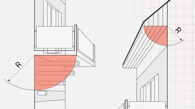 Дымоход может выходить под выступающими элементами здания, чтобы отверстия дымохода располагались за пределами зоны, ограниченной дугой радиуса «R»